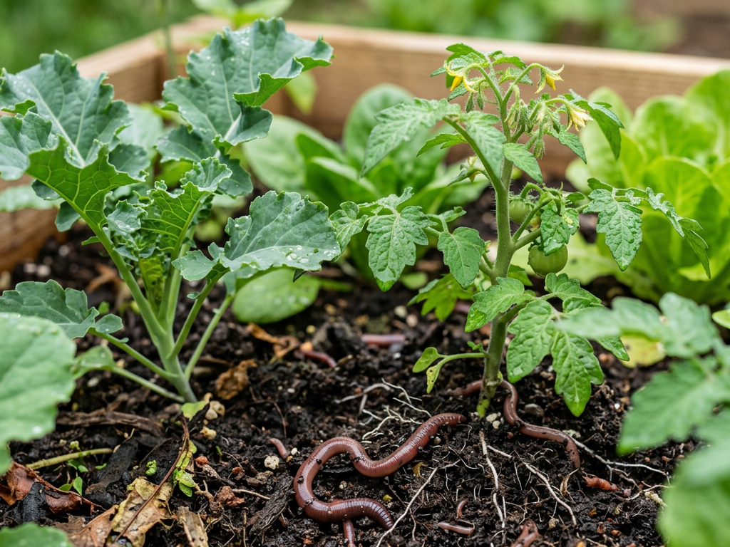 Earthworms in dark soil around leafy vegetable plants and a tomato seedling with small yellow flowers