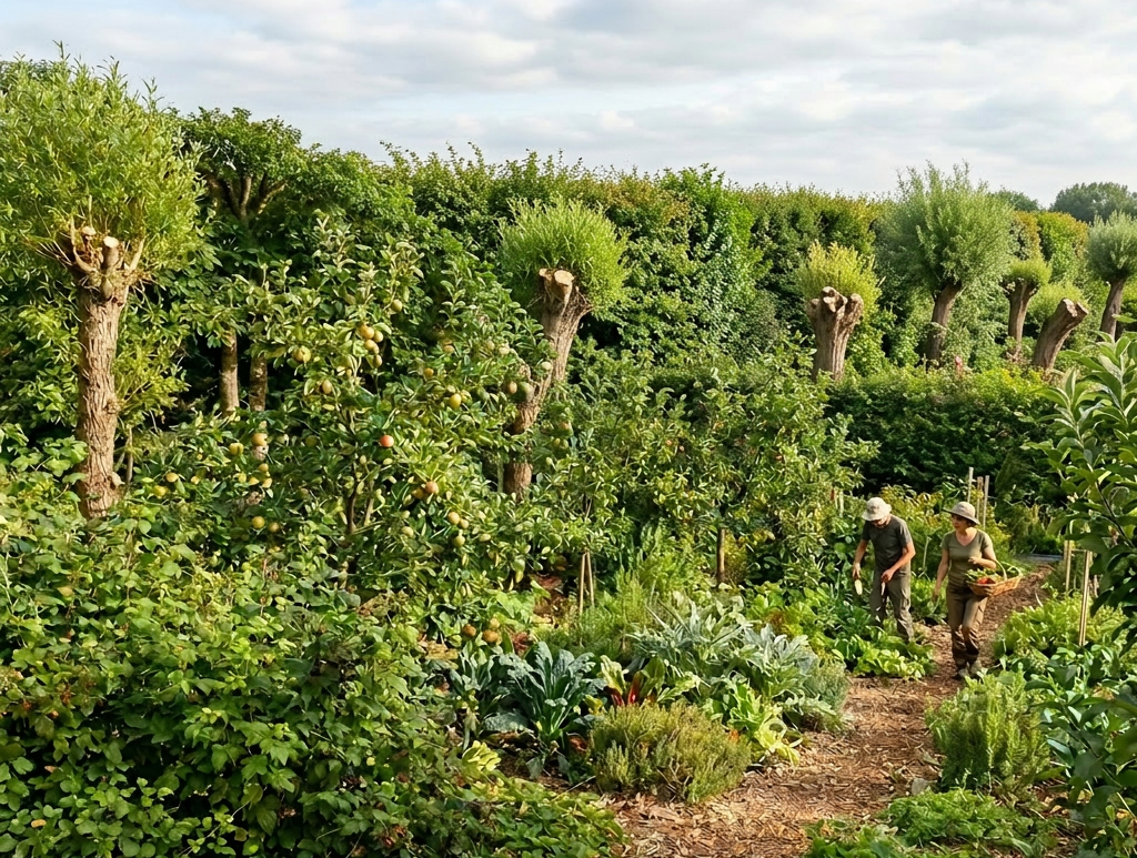 Gardeners picking vegetables and fruits in a biodiverse permaculture garden